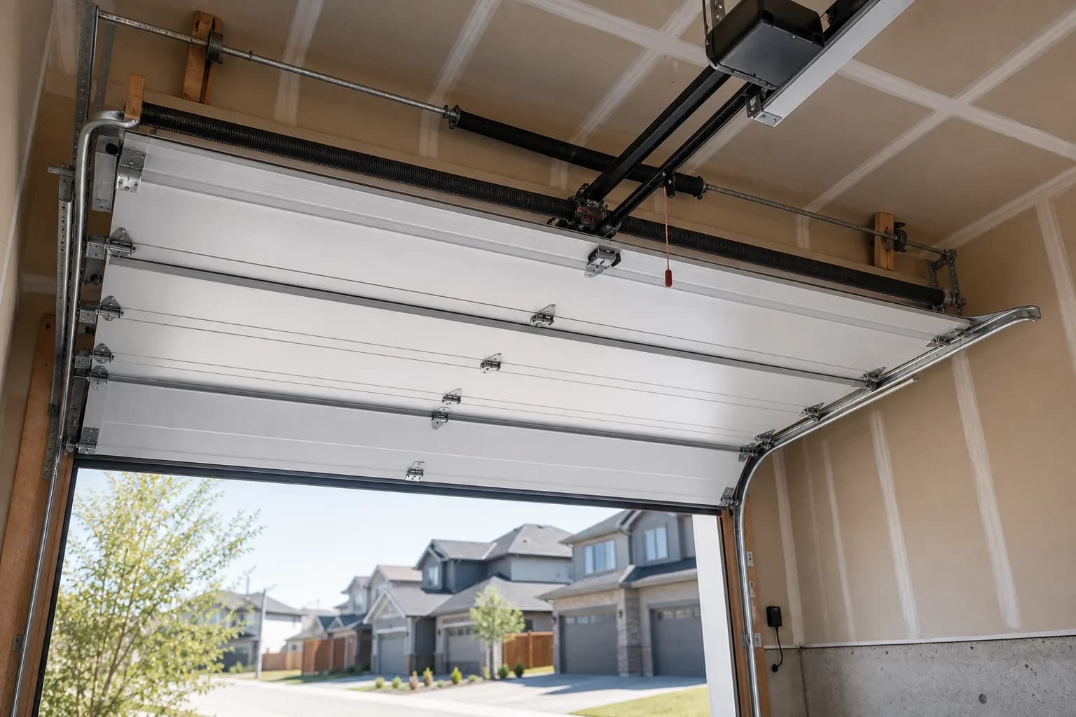 Underside view of an overhead garage door with tracks and opener hardware